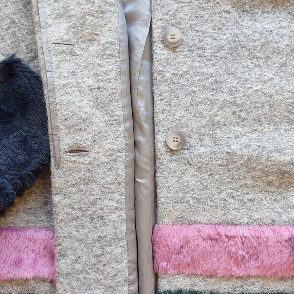 Helene London Wool Colorblock Stripe Coat Lined Boho Faux Fur Size Large  EUC - Picture 8 of 8